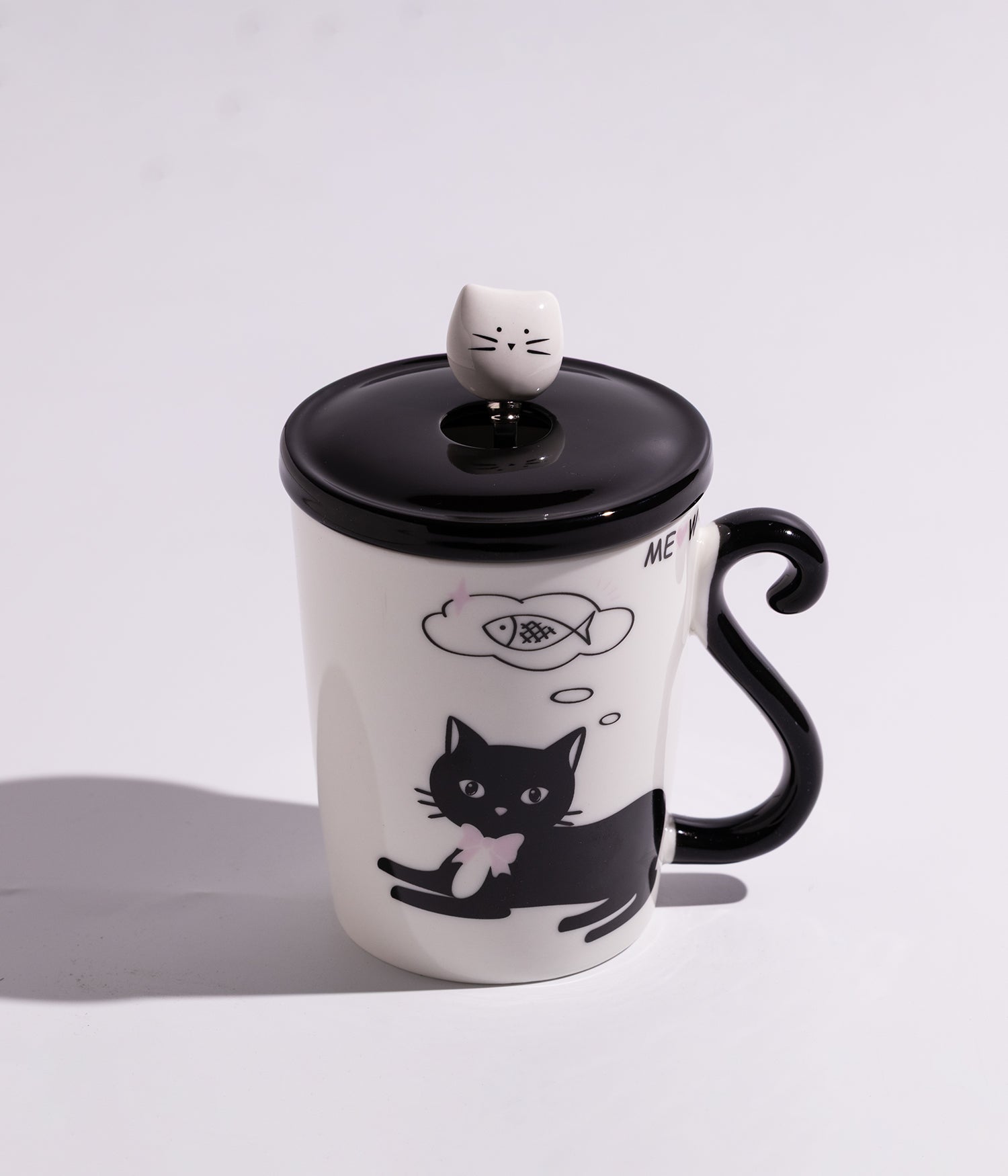 كوب سيراميك بتصميم قطة سوداء مع غطاء وملعقة بمجسم رأس القطة