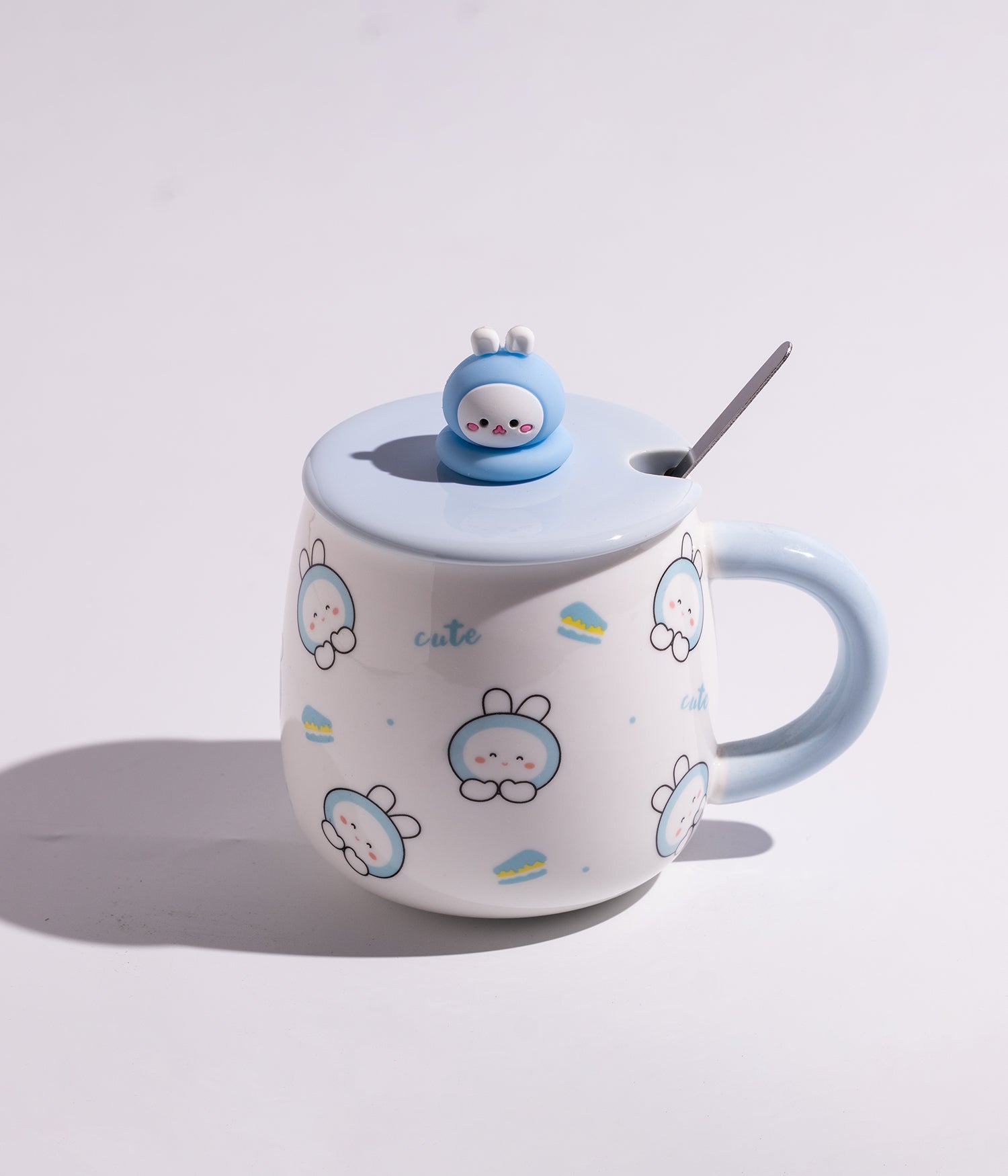 كوب سيراميك بتصميم مجسم أرنب على الغطاء مع ملعقة