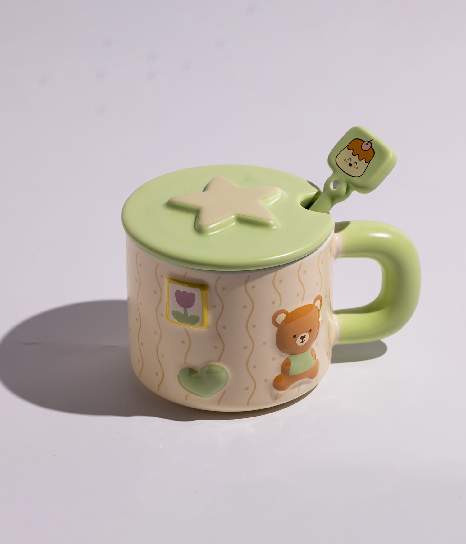 كوب قهوة سيراميك برسومات أرانب ملونة مع غطاء وملعقة