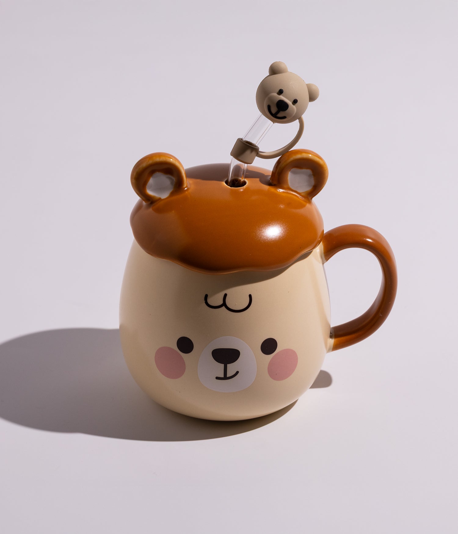 كوب سيراميك بتصميم وجه الدب مع غطاء ومزاز