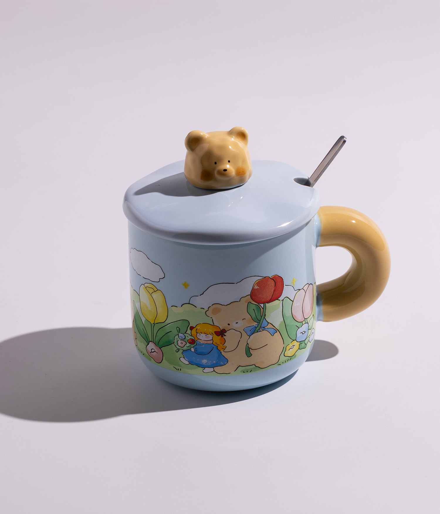 كوب قهوة سيراميك بتصميم حيوانات لطيفة مع غطاء وملعقة