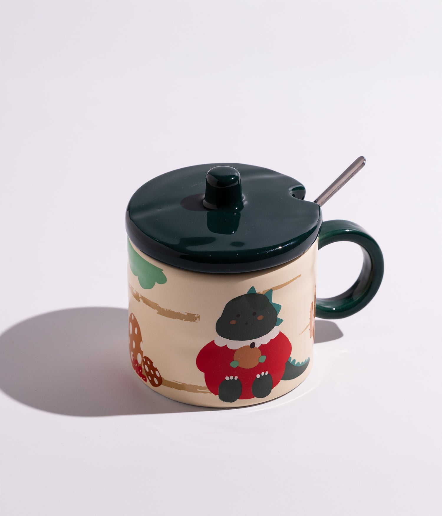 كوب ييراميك بتصميم حيوانات الغابة مع غطاء وملعقة
