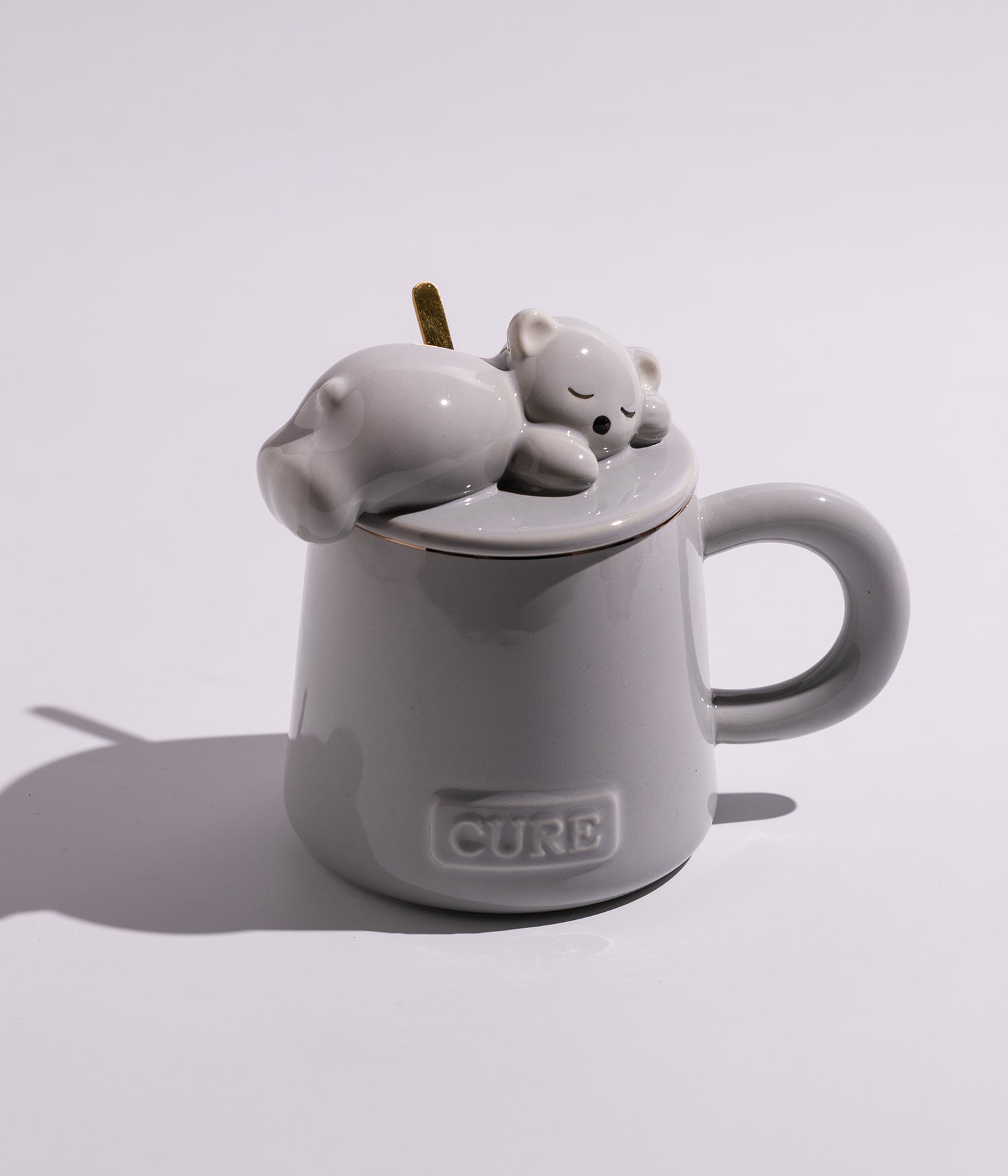 كوب سيراميك بتصميم مجسم دب على الغطاء مع ملعقة