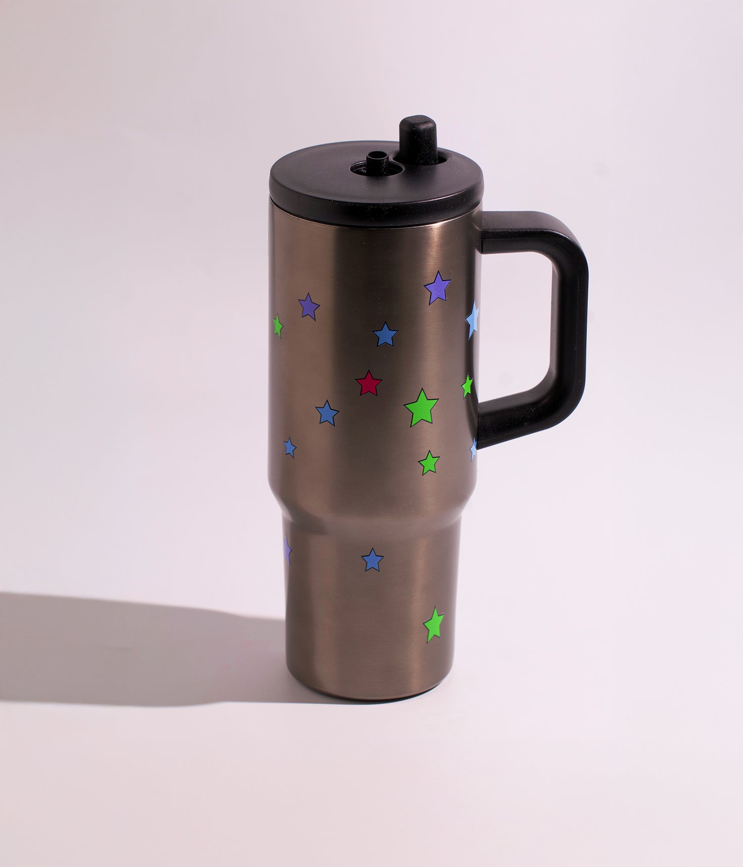 كوب حراري ستانلس ستيل معدني مزخرف بنجوم ملونة بغطاء محكم ومزاز