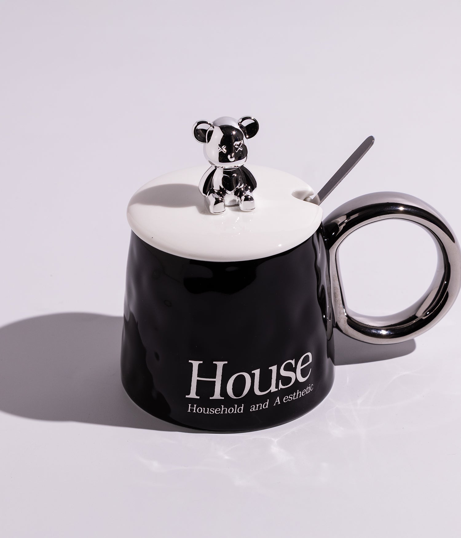 كوب سيراميك بتصميم مجسم دب ميتاليك على الغطاء مع ملعقة