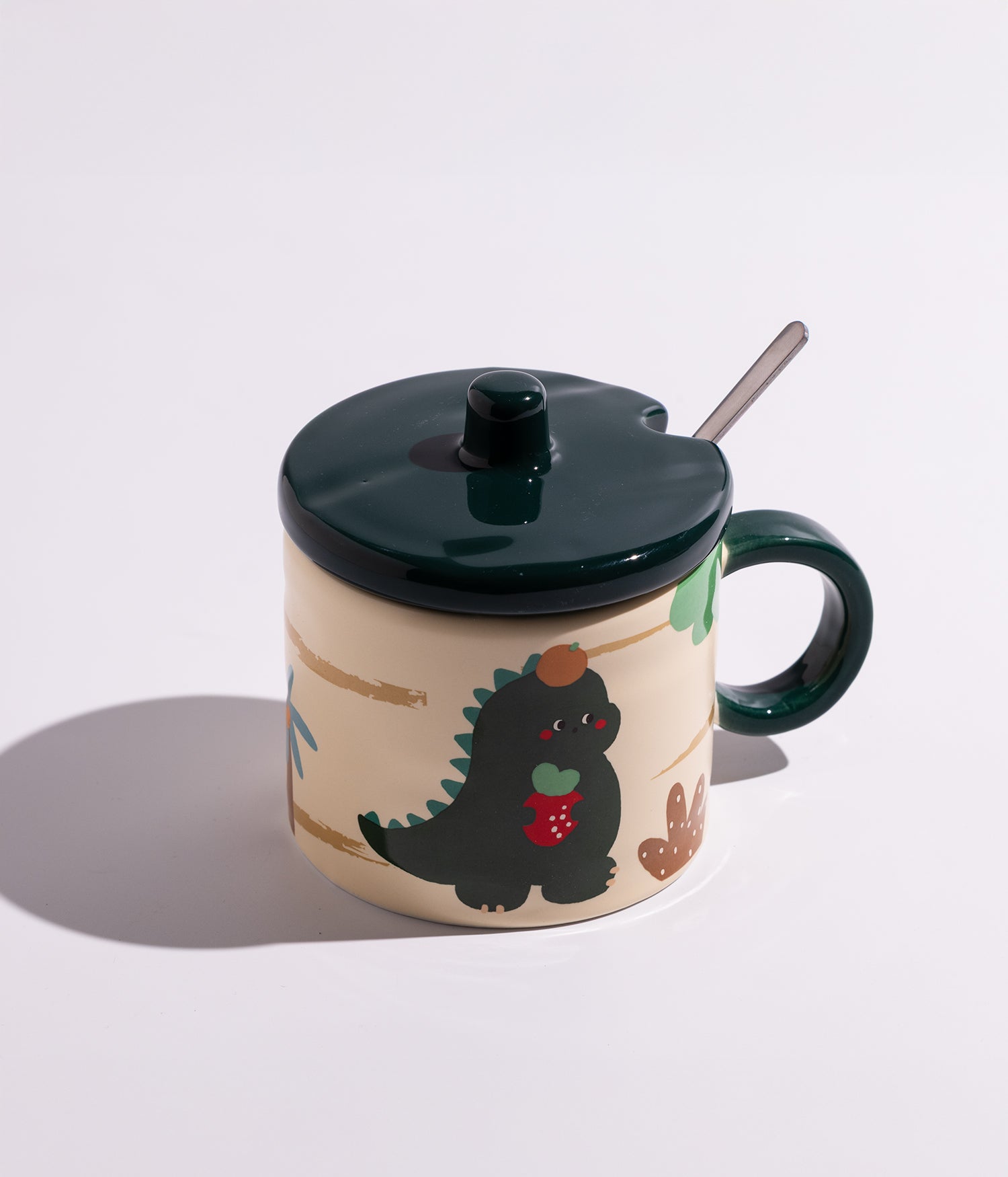 كوب ييراميك بتصميم حيوانات الغابة مع غطاء وملعقة