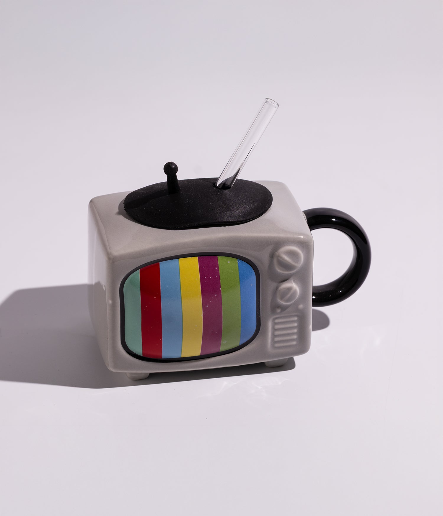 كوب قهوة سيراميك بتصميم تلفزيون قديم مع غطاء ومزاز