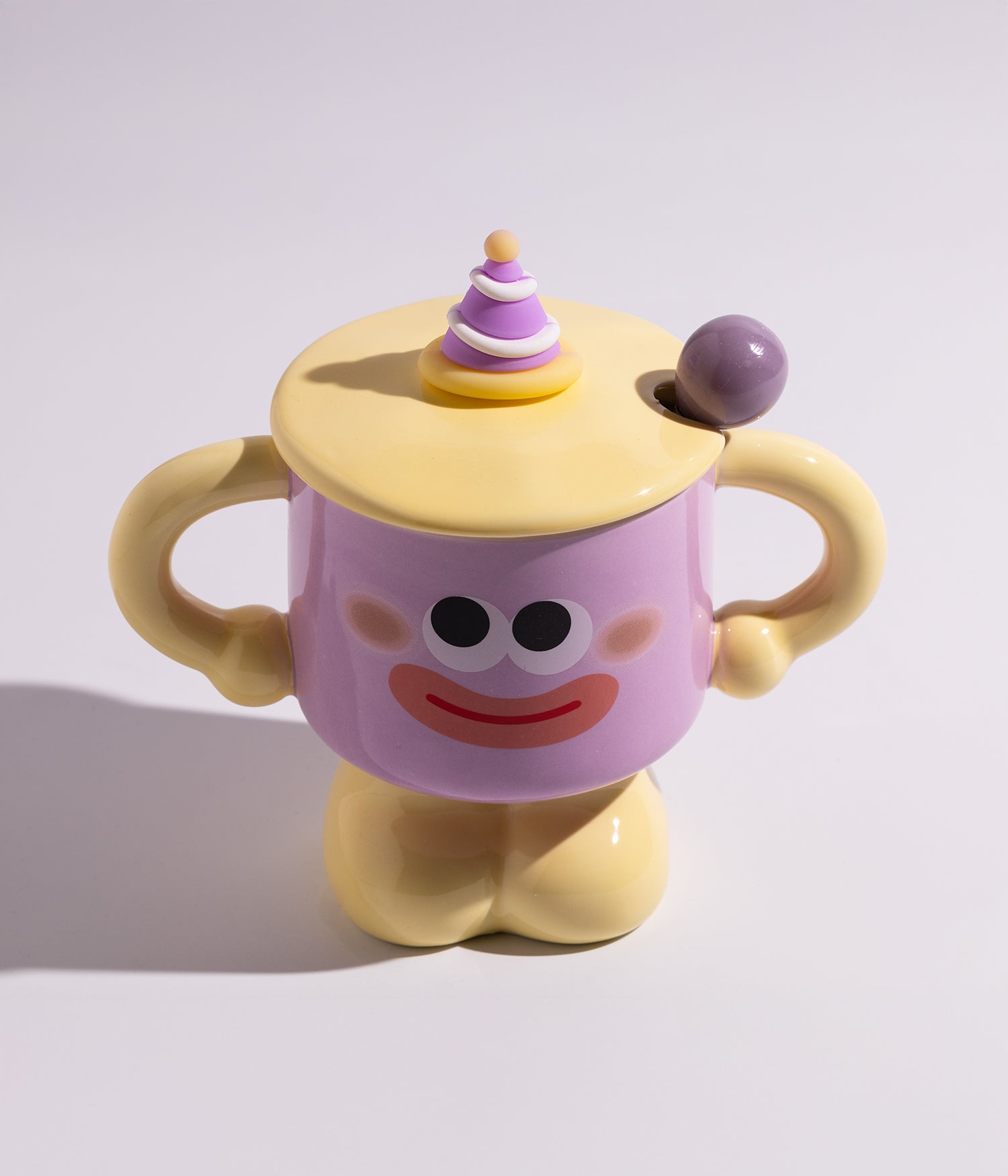 كوب قهوة سيراميك بتصميم وجوه مرحة مع غطاء وملعقة