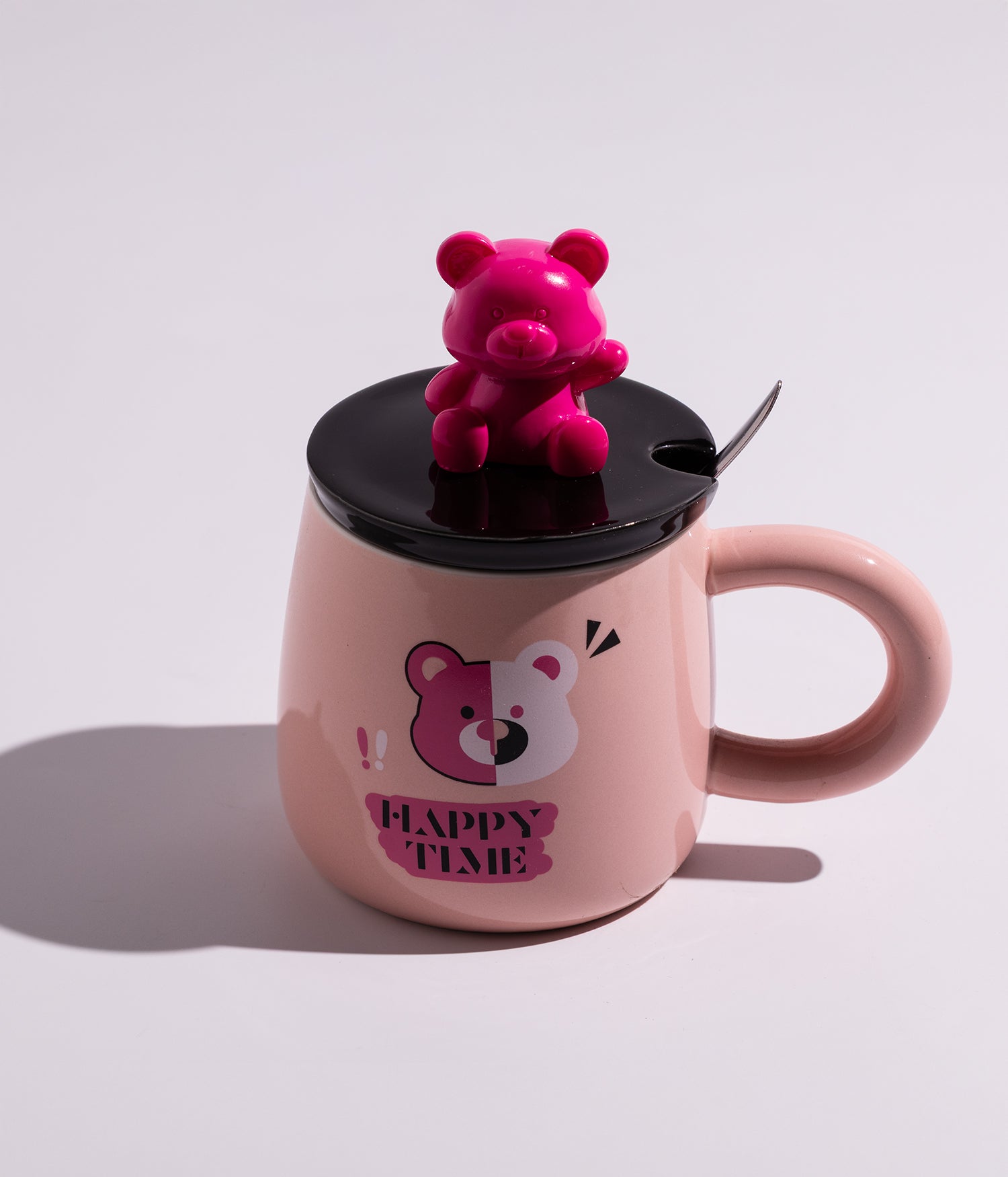 كوب سيراميك بتصميم مجسم الدب على الغطاء مع ملعقة