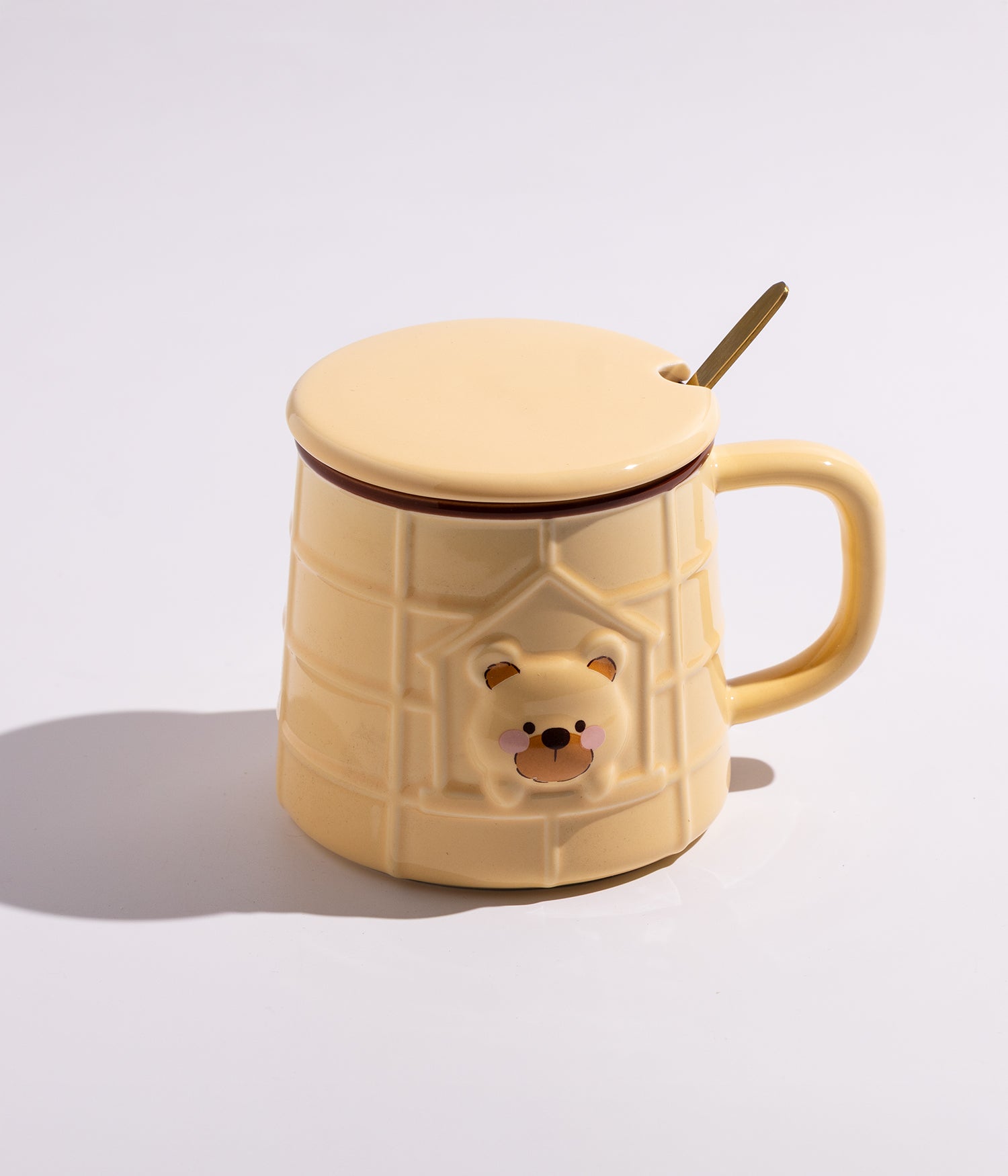 كوب سيراميك بتصميم دب سعيد مع غطاء وملعقة