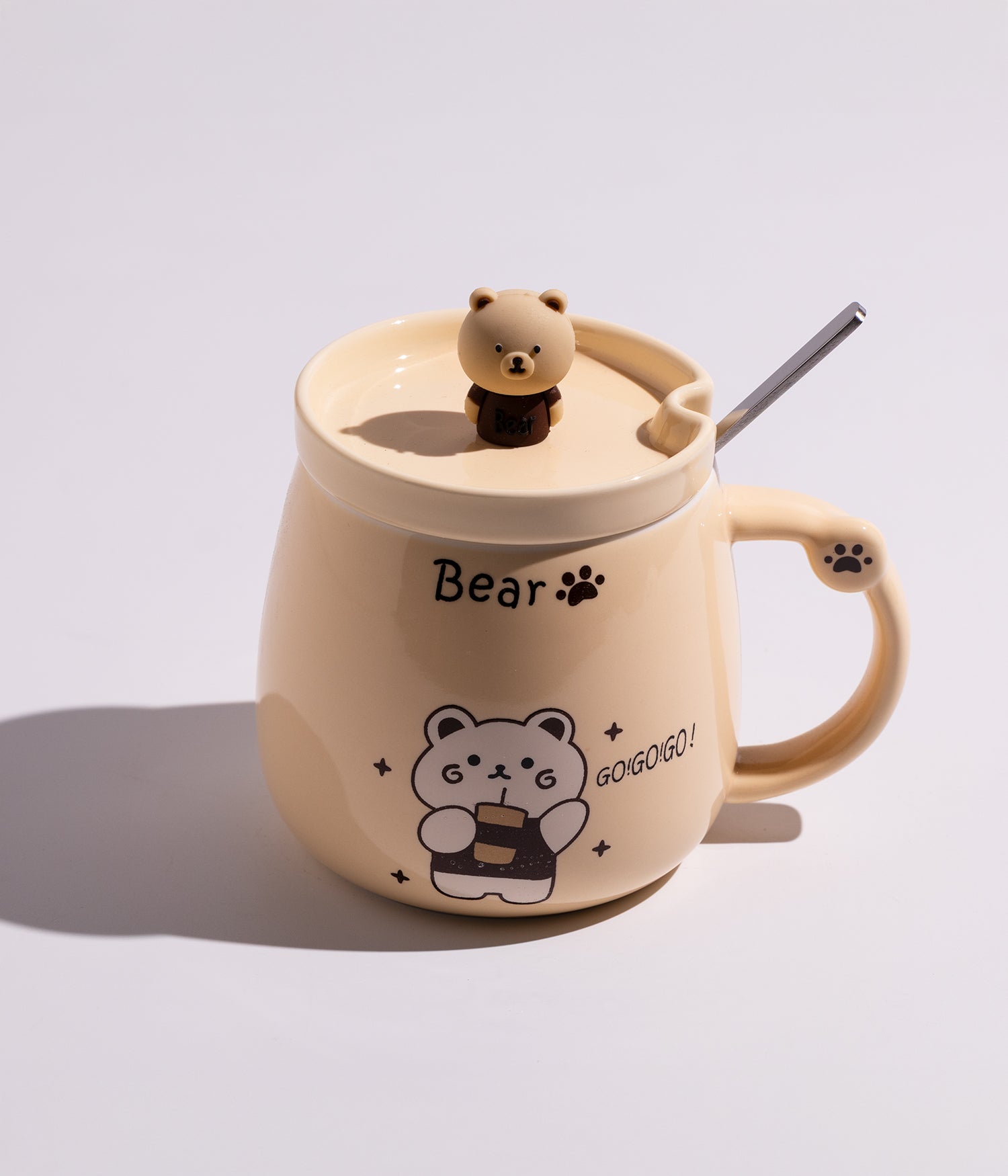 كوب سيراميك بتصميم دببة لطيفة مع غطاء وملعقة