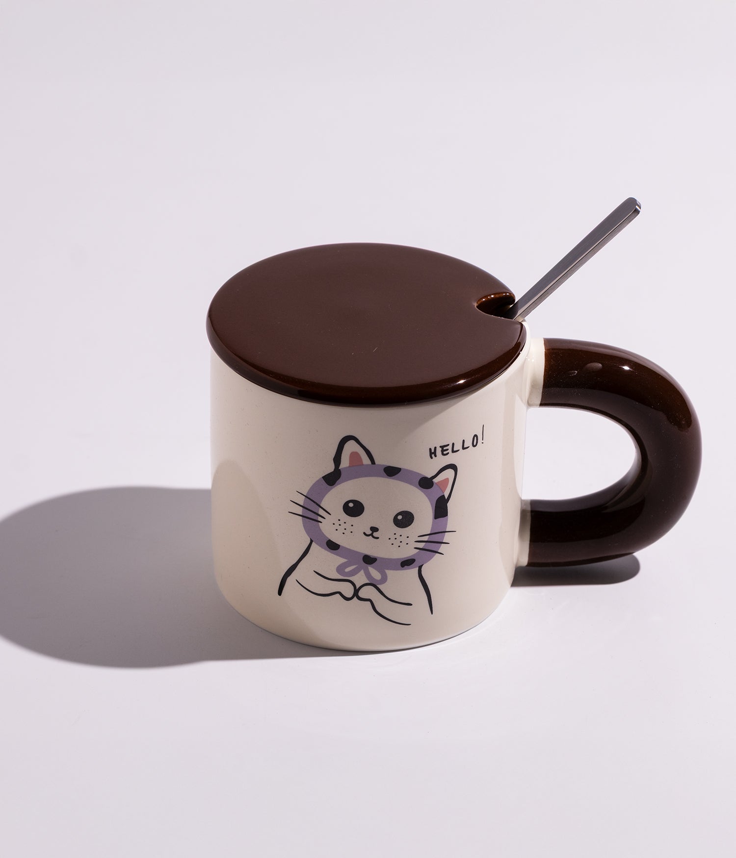 كوب سيراميك بتصميم قطط مرحة مع غطاء وملعقة
