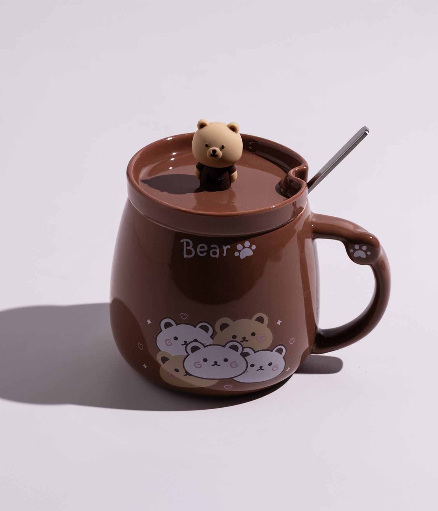 كوب سيراميك بتصميم دببة لطيفة مع غطاء وملعقة