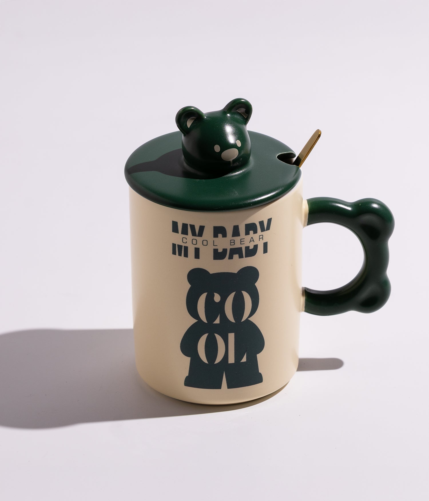 كوب قهوة سيراميك بتصميم مجسم رأس الدب على الغطاء مع ملعقة