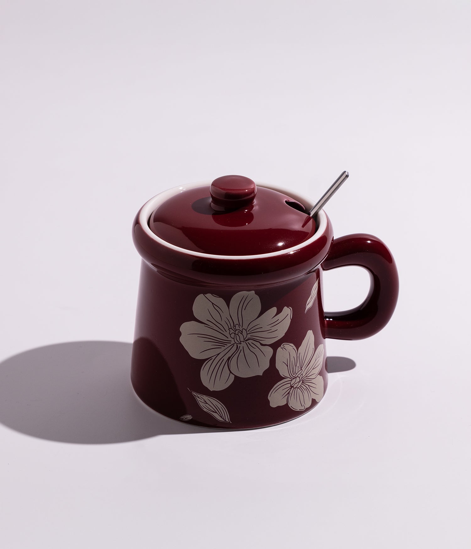 كوب قهوة سيراميك برسومات ورود متنوعة مع غطاء وملعقة