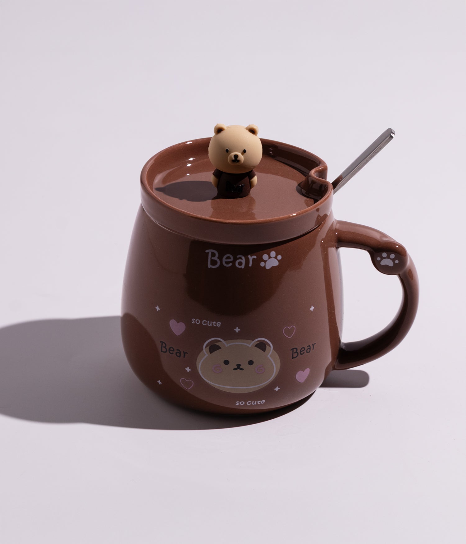 كوب سيراميك بتصميم دببة لطيفة مع غطاء وملعقة