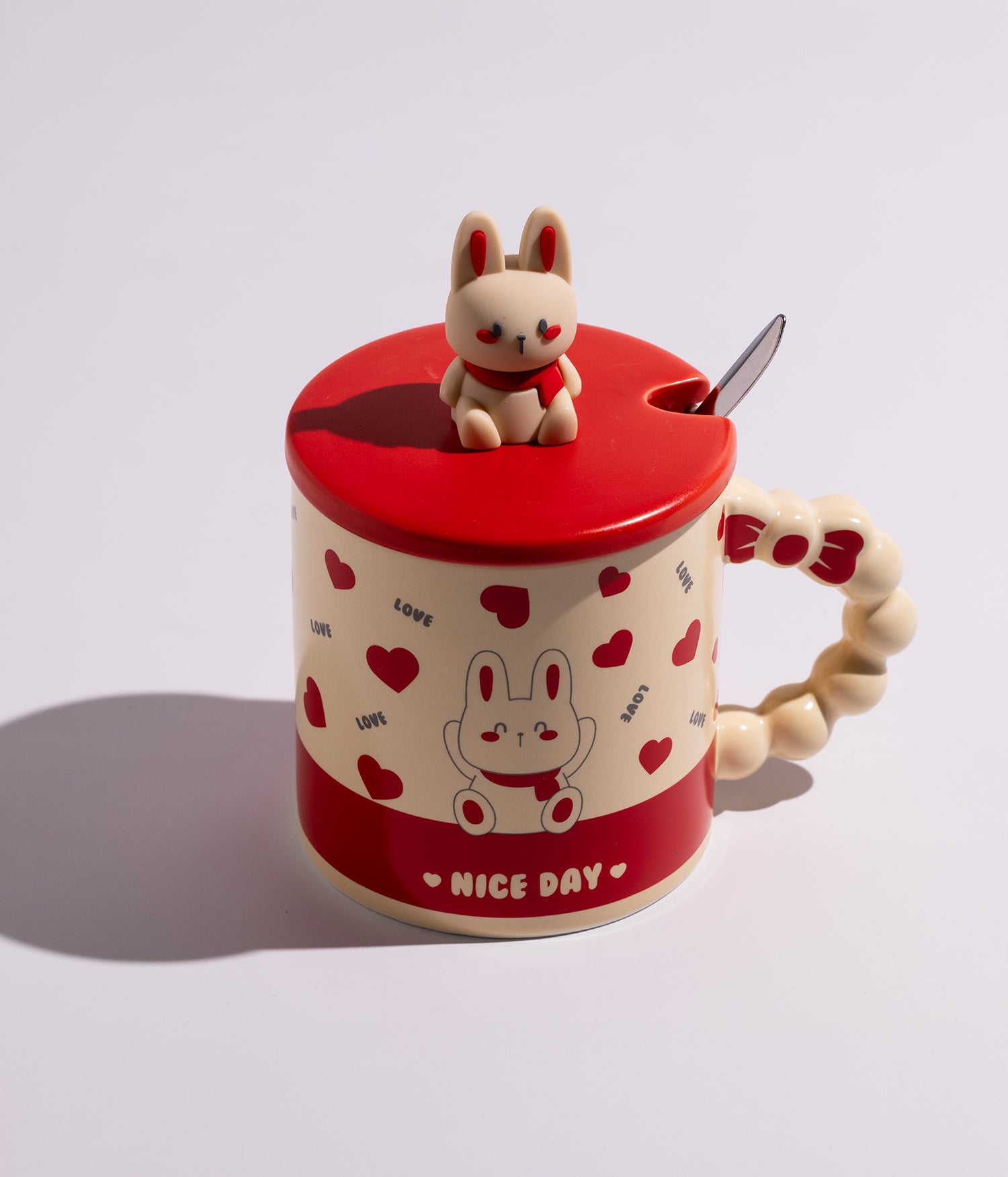 كوب قهوة سيراميك بتصميم أرانب لطيفة مع غطاء وملعقة