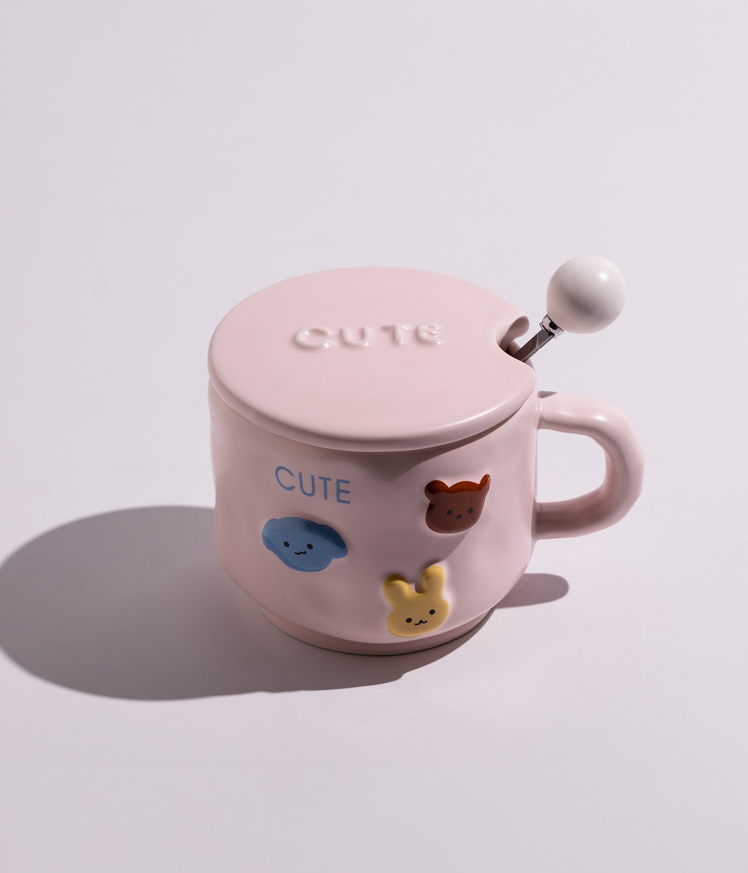 كوب سيراميك بتصميم وجوه حيوانات لطيفة مع غطاء وملعقة