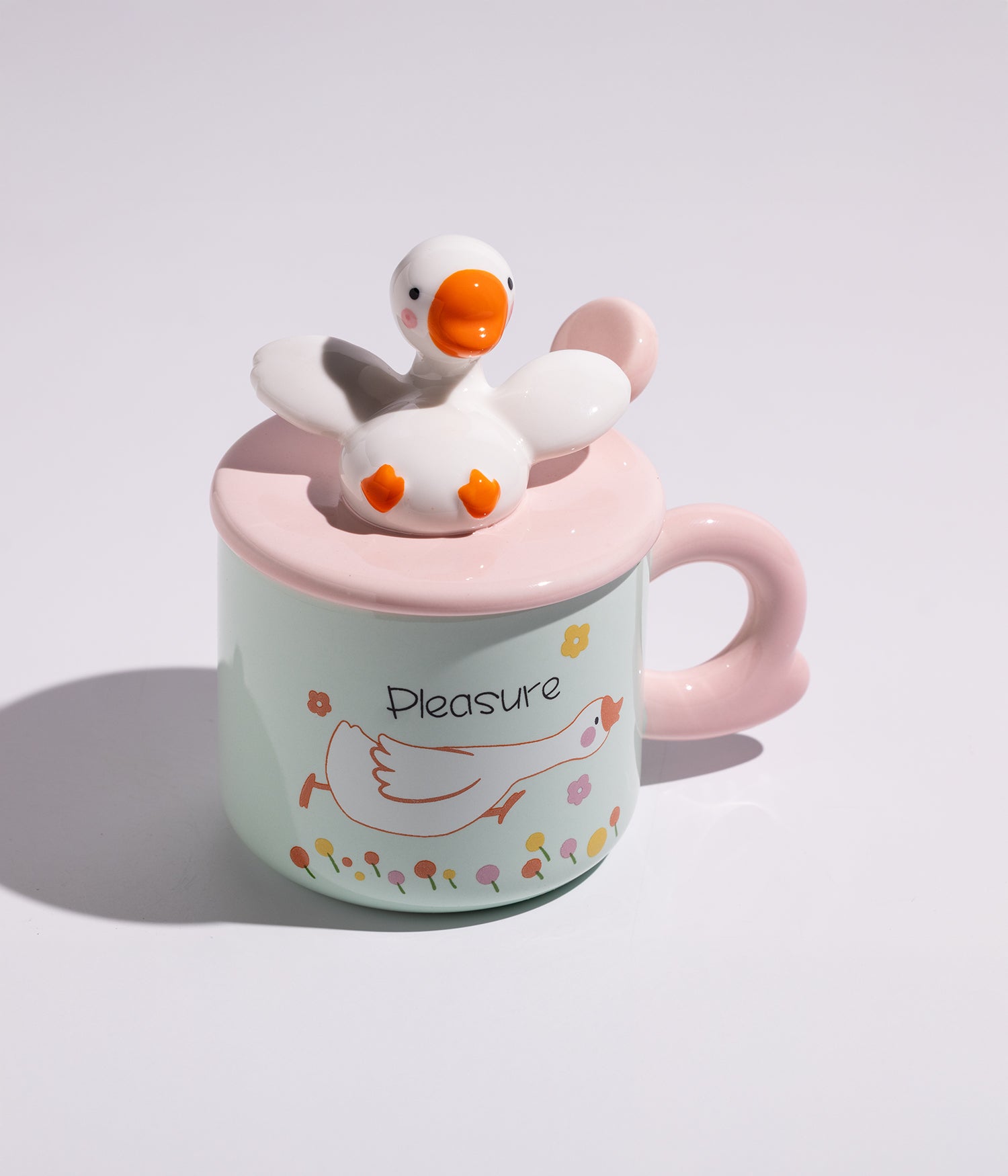 كوب سيراميك بتصميم مجسم بطوط على الغطاء مع ملعقة