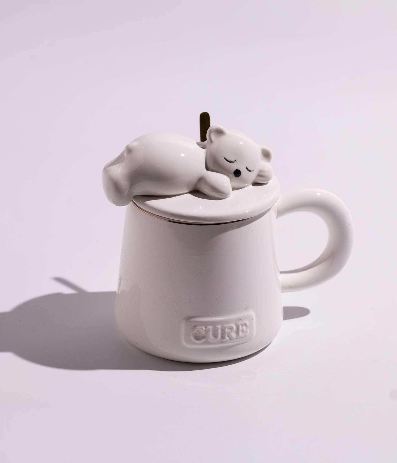 كوب سيراميك بتصميم مجسم دب على الغطاء مع ملعقة