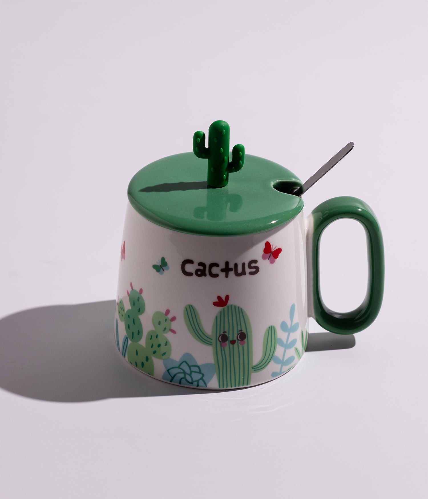 كوب سيراميك بتصميم صبارات لطيفة مع غطاء وملعقة