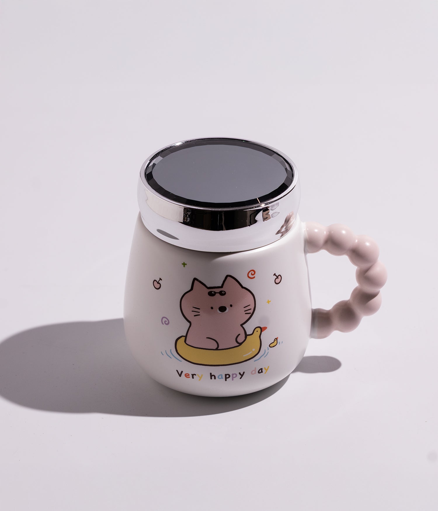 كوب سيراميك بتصميم قطة مرحة مع غطاء وملعقة