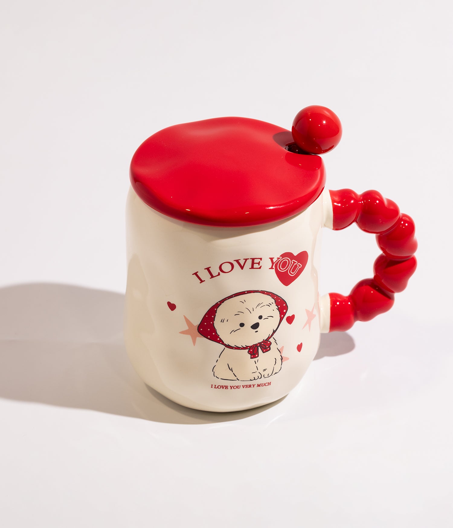 كوب قهوة سيراميك I LOVE YOU مع غطاء احمر وملعقة