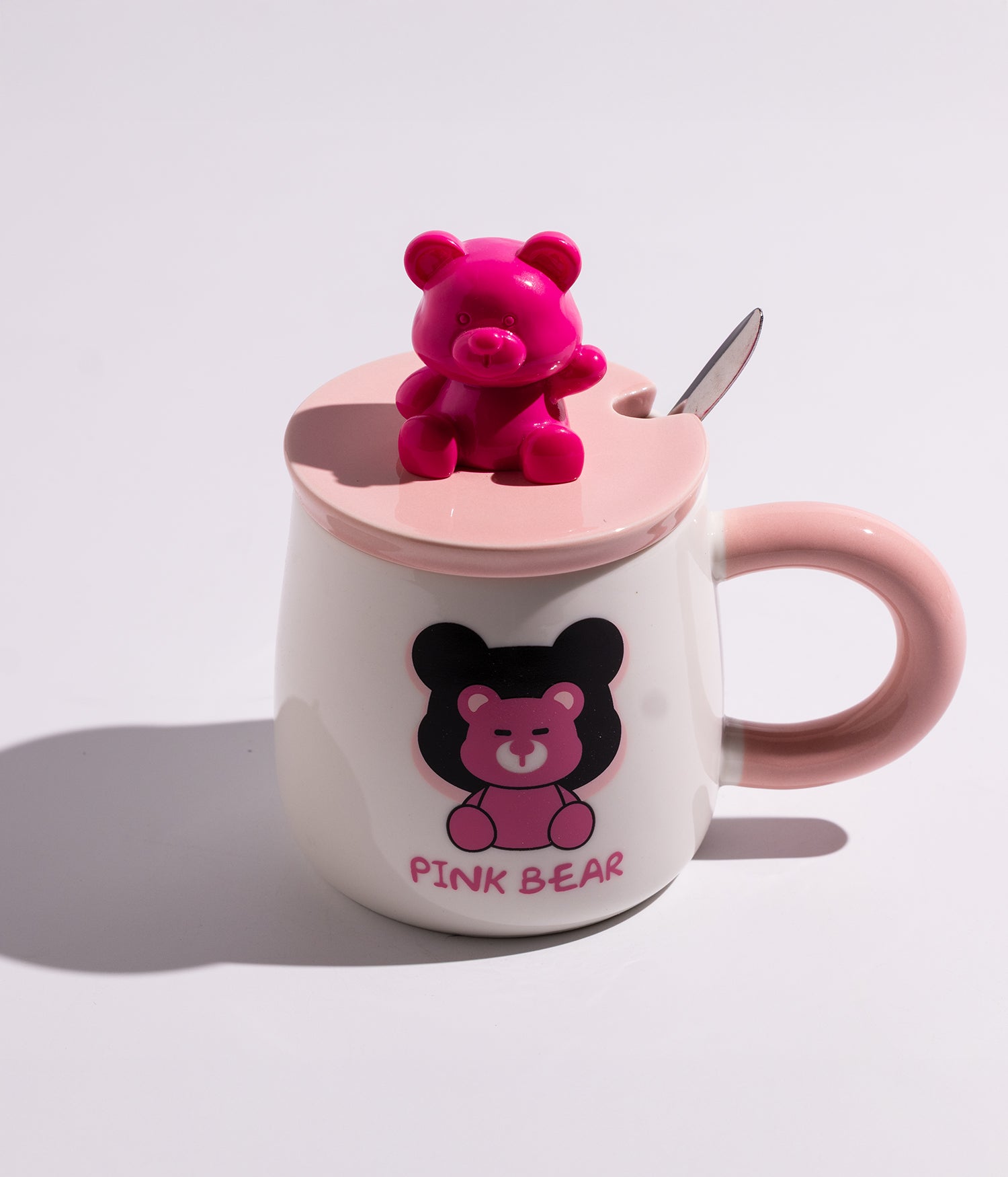 كوب سيراميك بتصميم مجسم الدب على الغطاء مع ملعقة