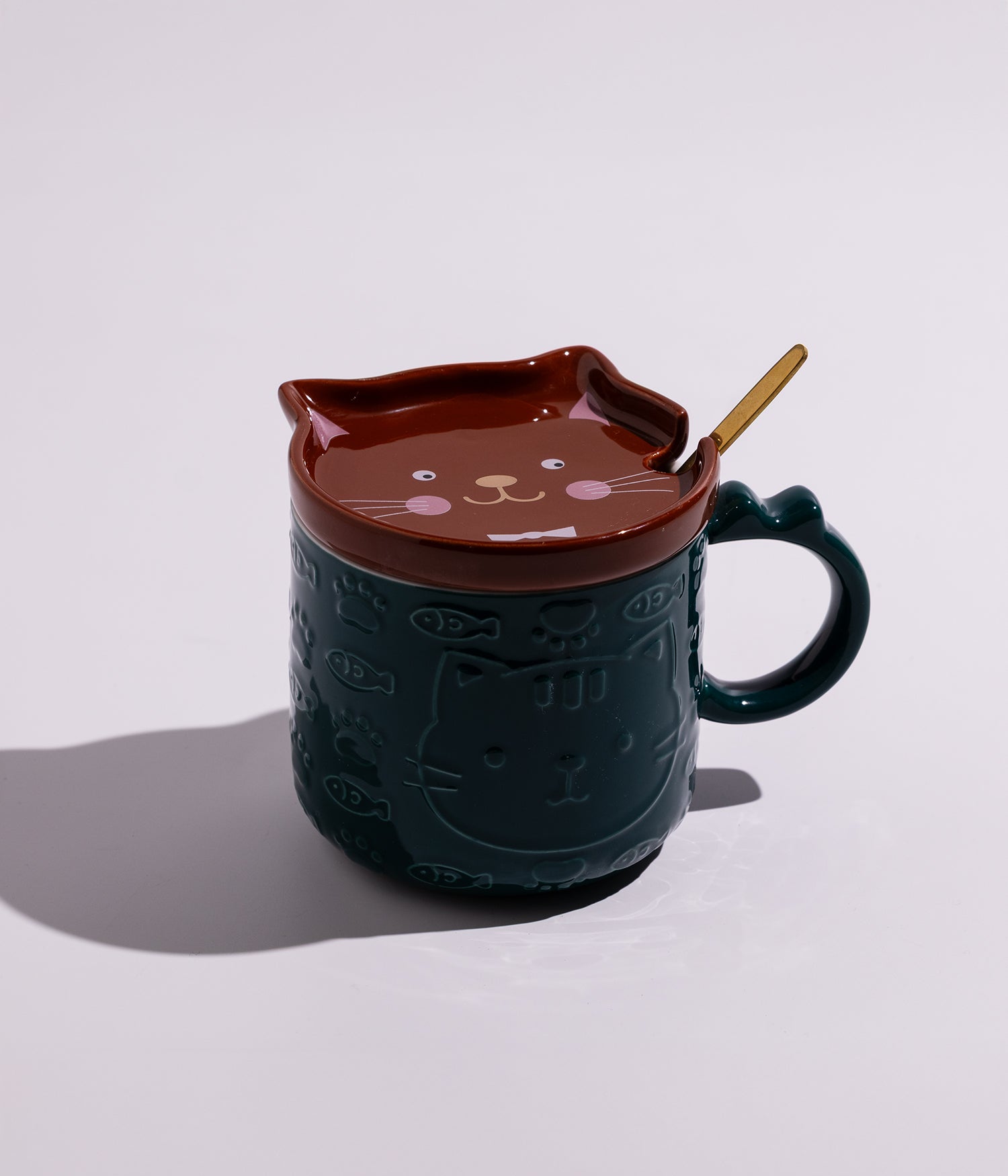 كوب سيراميك بتصميم قطة مع غطاء وملعقة