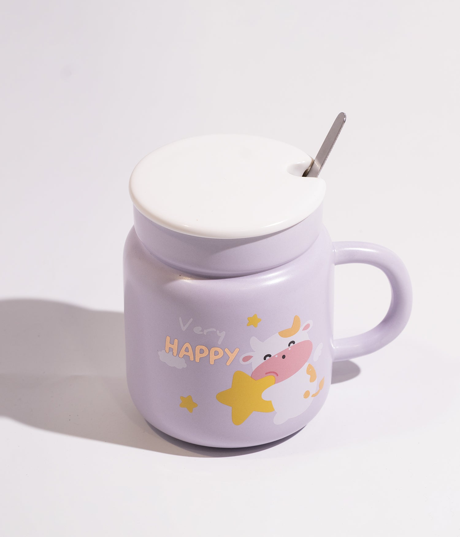 كوب سيراميك بتصميم البقرة المرحة مع غطاء وملعقة