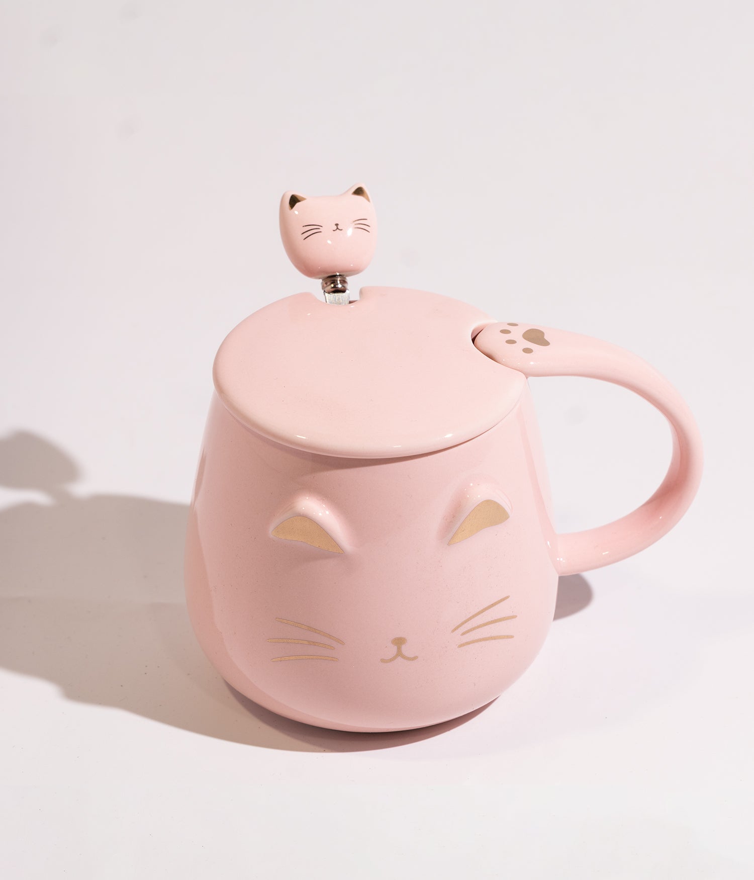 كوب سيراميك بتصميم وجه القطة باللون الذهبي مع غطاء وملعقة
