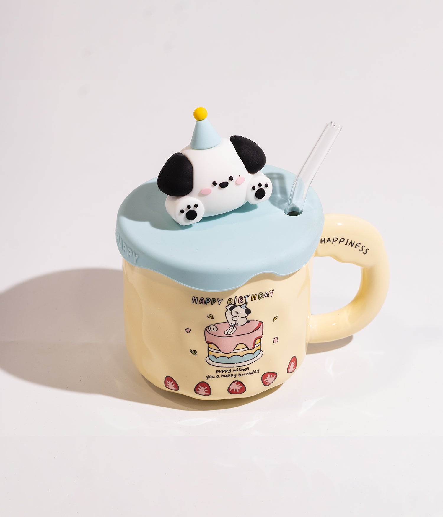 كوب سيراميك بتصميم حيوانات مرحة مع غطاء ومزاز
