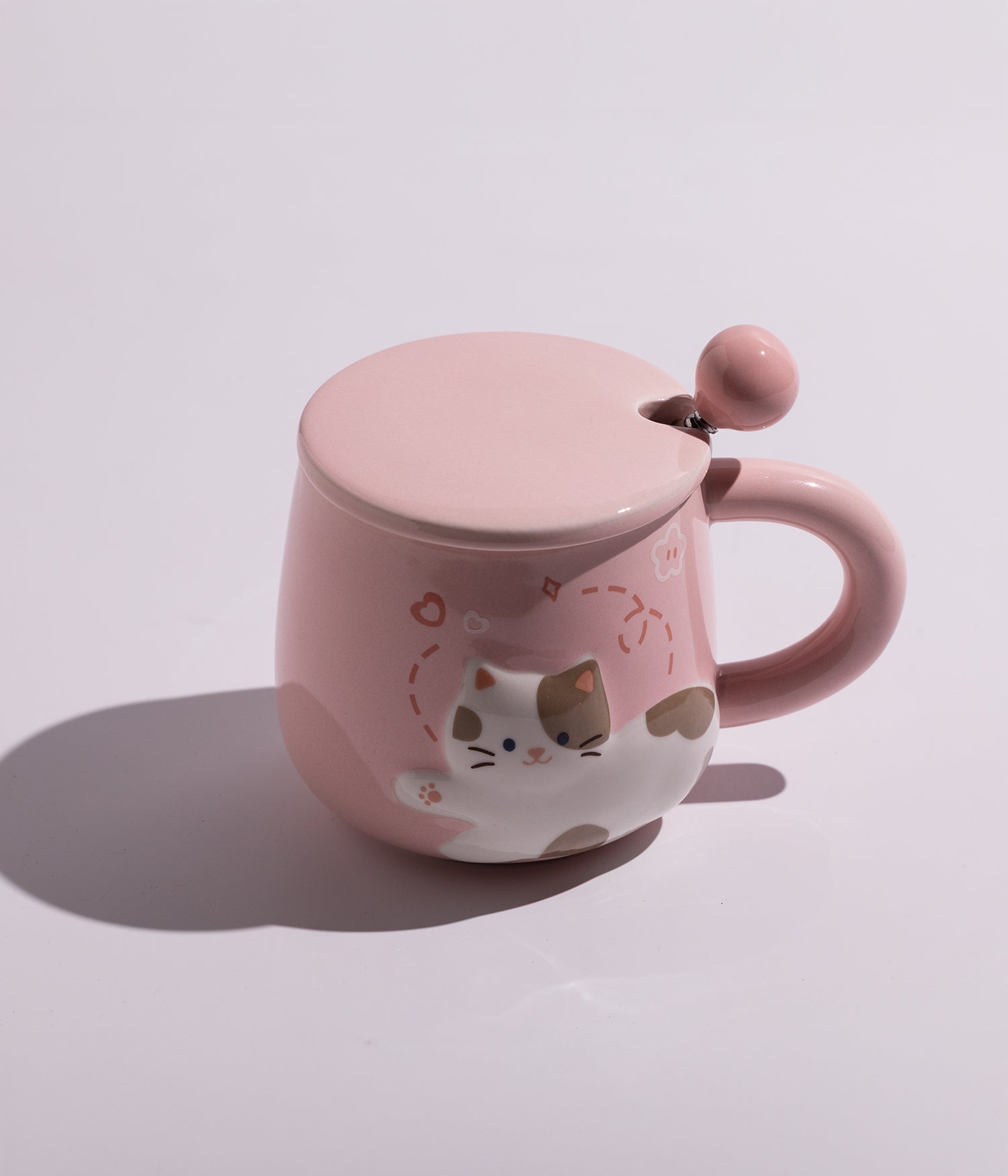 كوب سيراميك برسمة قطة مرحة مع غطاء وملعقة