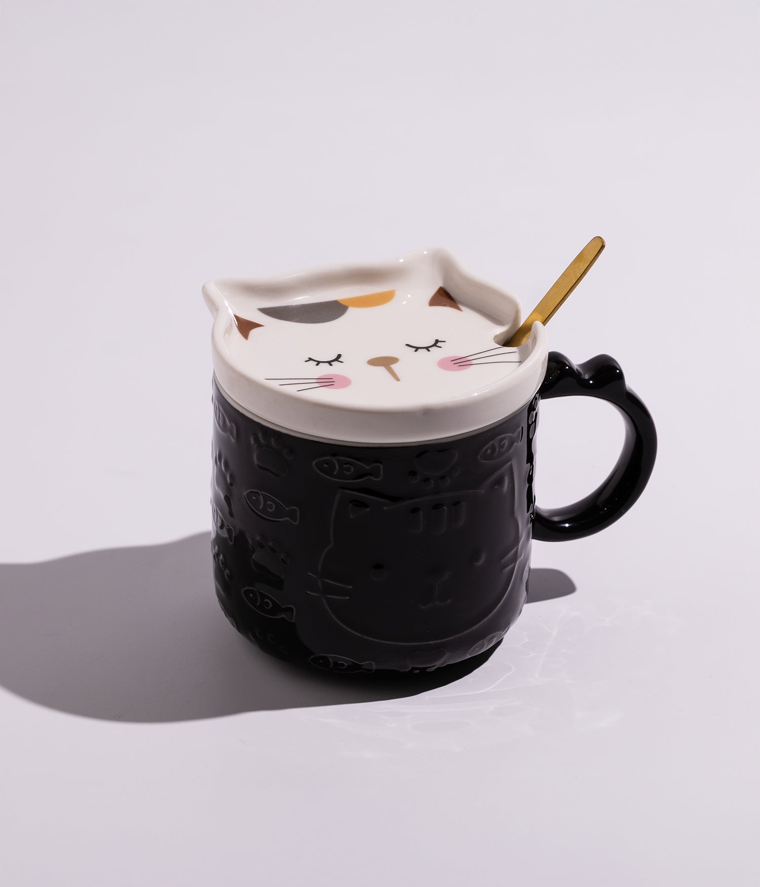 كوب سيراميك بتصميم قطة مع غطاء وملعقة