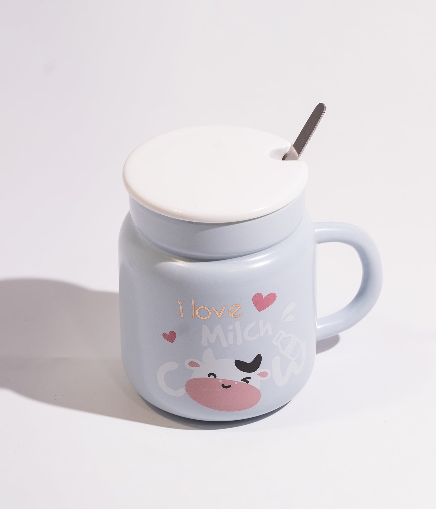 كوب سيراميك بتصميم البقرة المرحة مع غطاء وملعقة