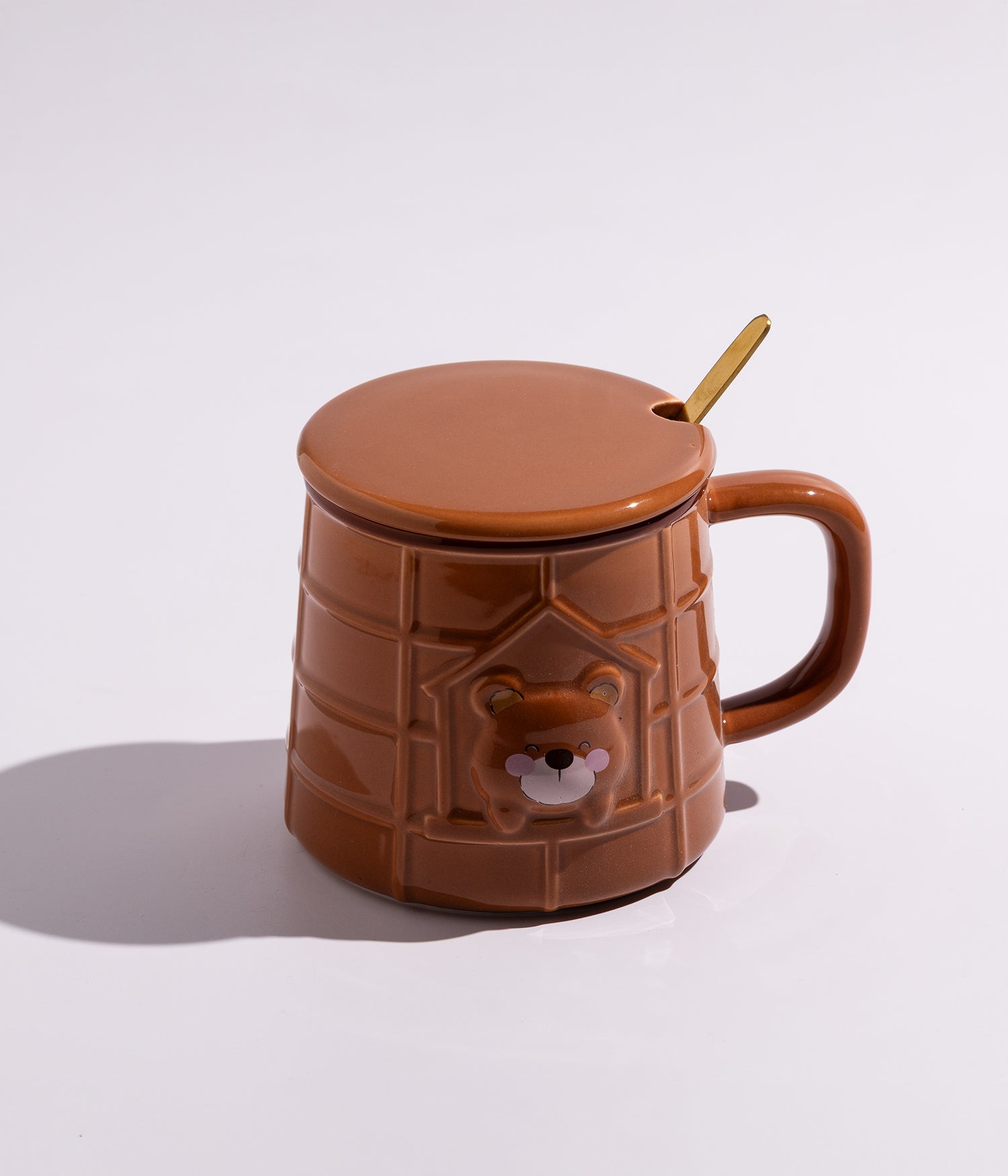 كوب سيراميك بتصميم دب سعيد مع غطاء وملعقة