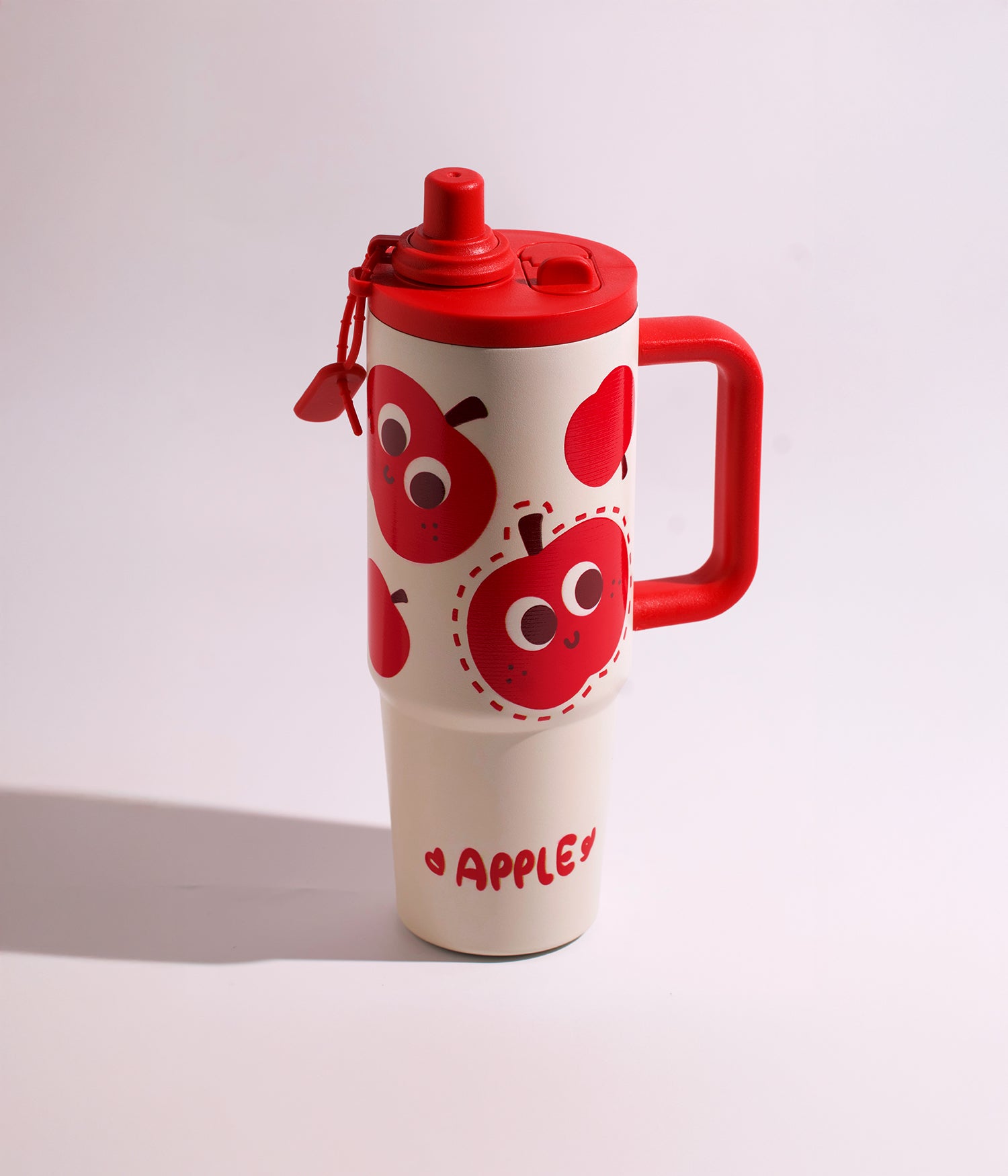 كوب حراري ستانلس ستيل كريمي برسمة تفاح بغطاء محكم ومزاز