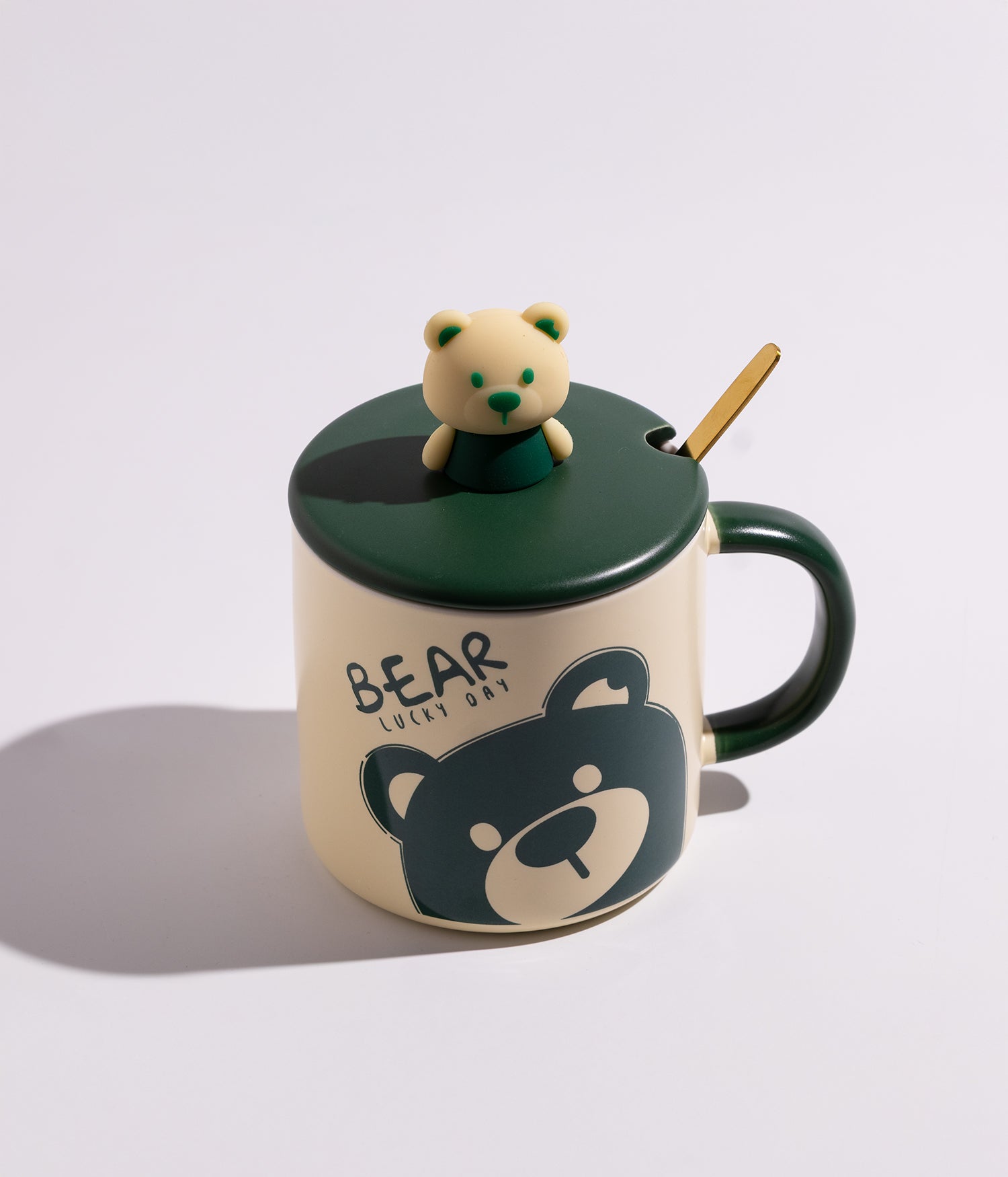 كوب قهوة سيراميك بتصميم مجسم الدب على الغطاء مع ملعقة