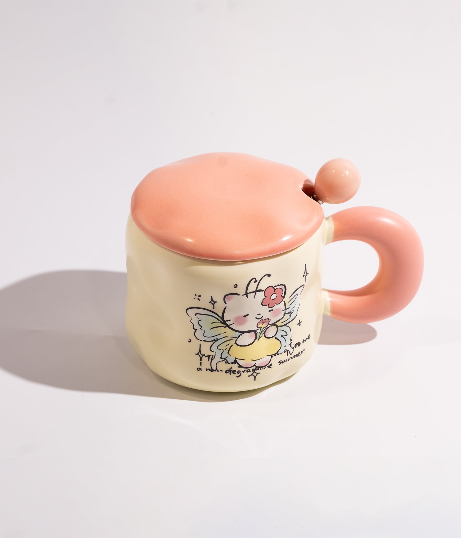 كوب سيراميك بتصميم فتاة الفراشة وملعقة وغطاء لحفظ الحرارة