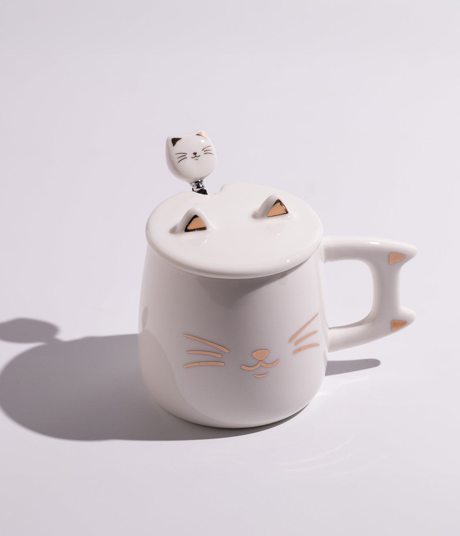 كوب سيراميك بتصميم وجه القطة مع غطاء وملعقة