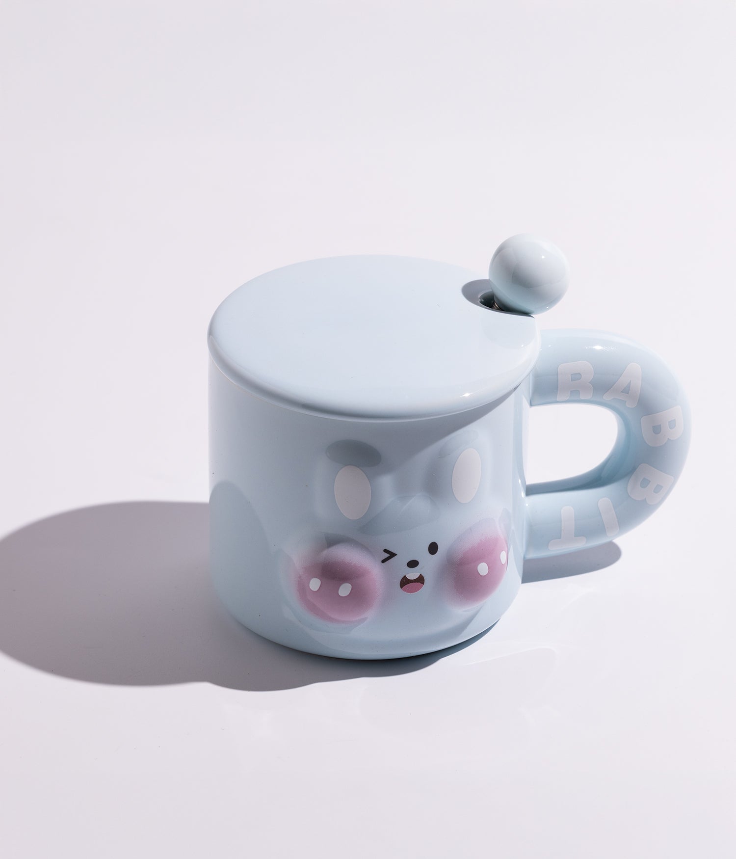 كوب سيراميك بتصميم وجه أرنب مع غطاء وملعقة