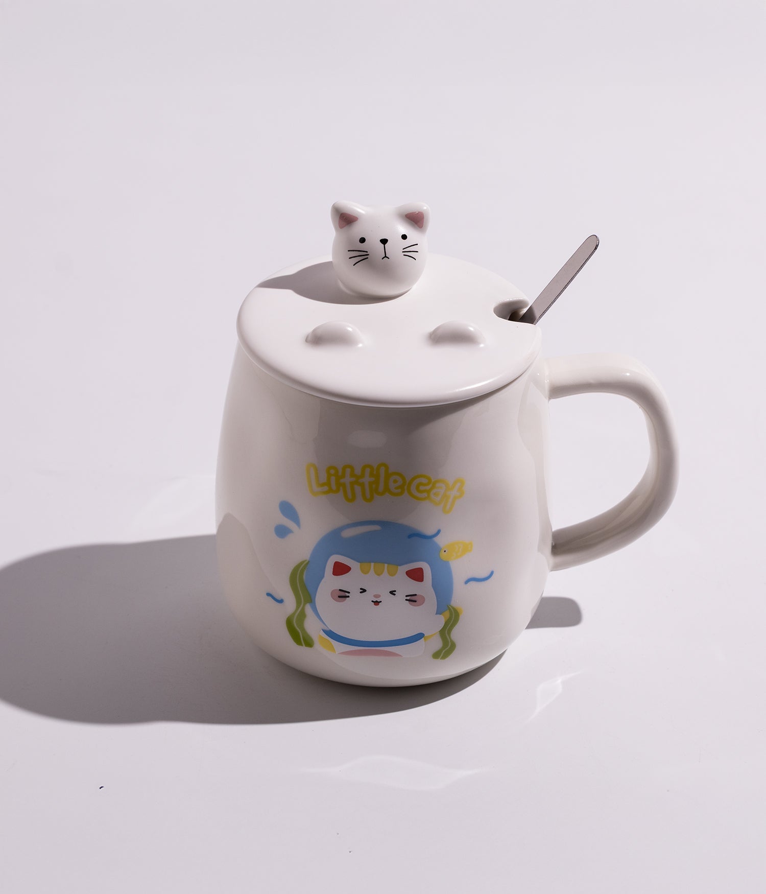 كوب سيراميك بتصميم قطة لطيفة مع غطاء وملعقة