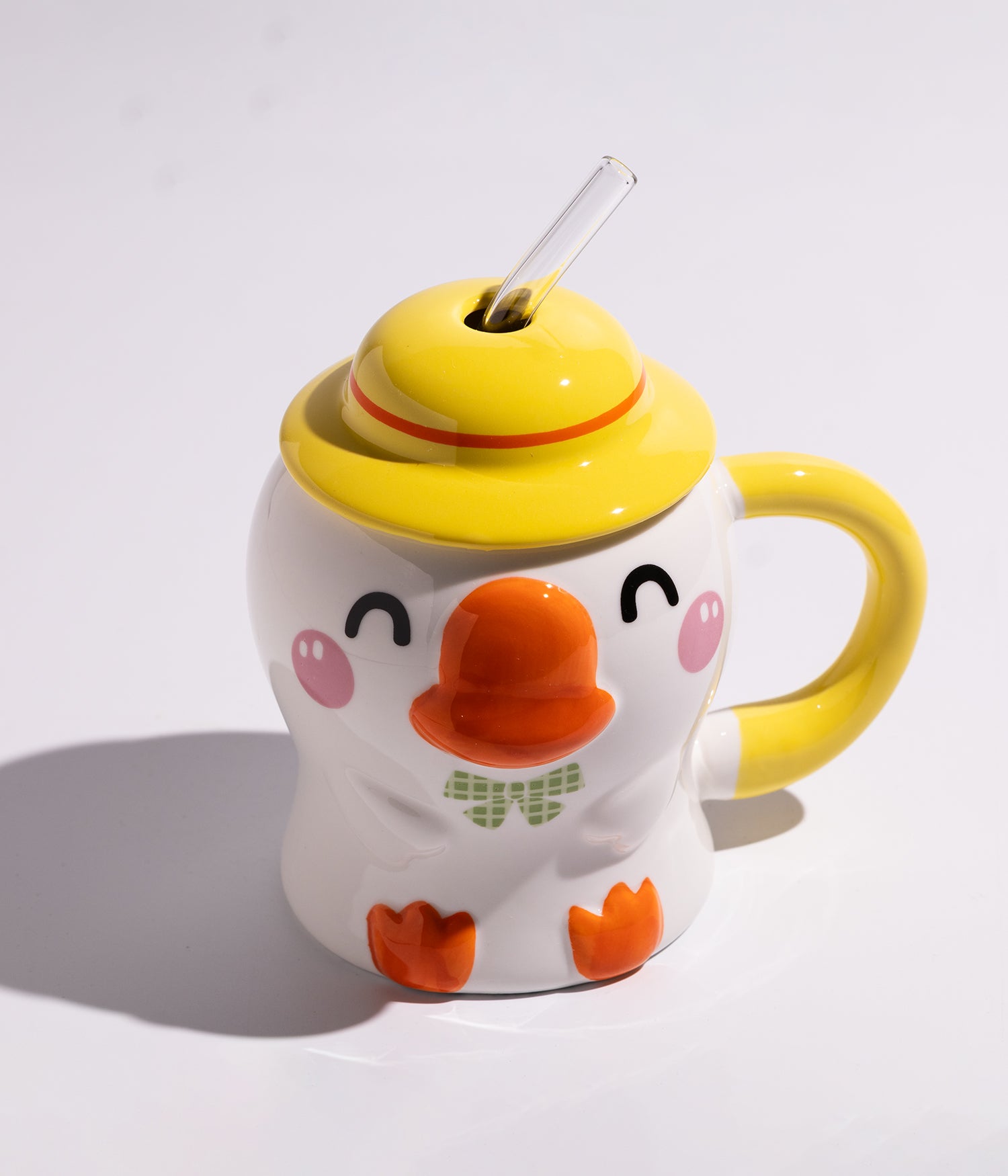 كوب سيراميك بتصميم بطوط لطيف مع غطاء أصفر ومزاز