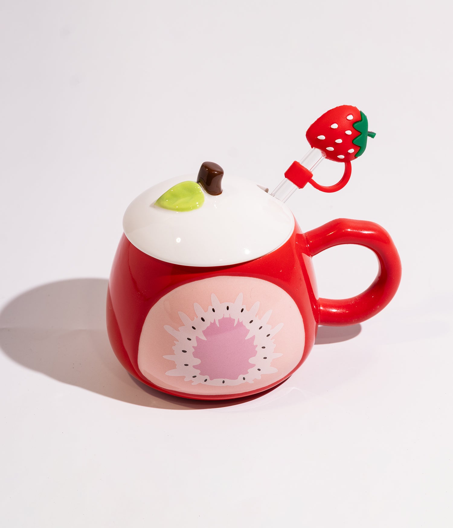 كوب قهوة سيراميك بتصميم فريز مع غطاء ومزاز لون أحمر