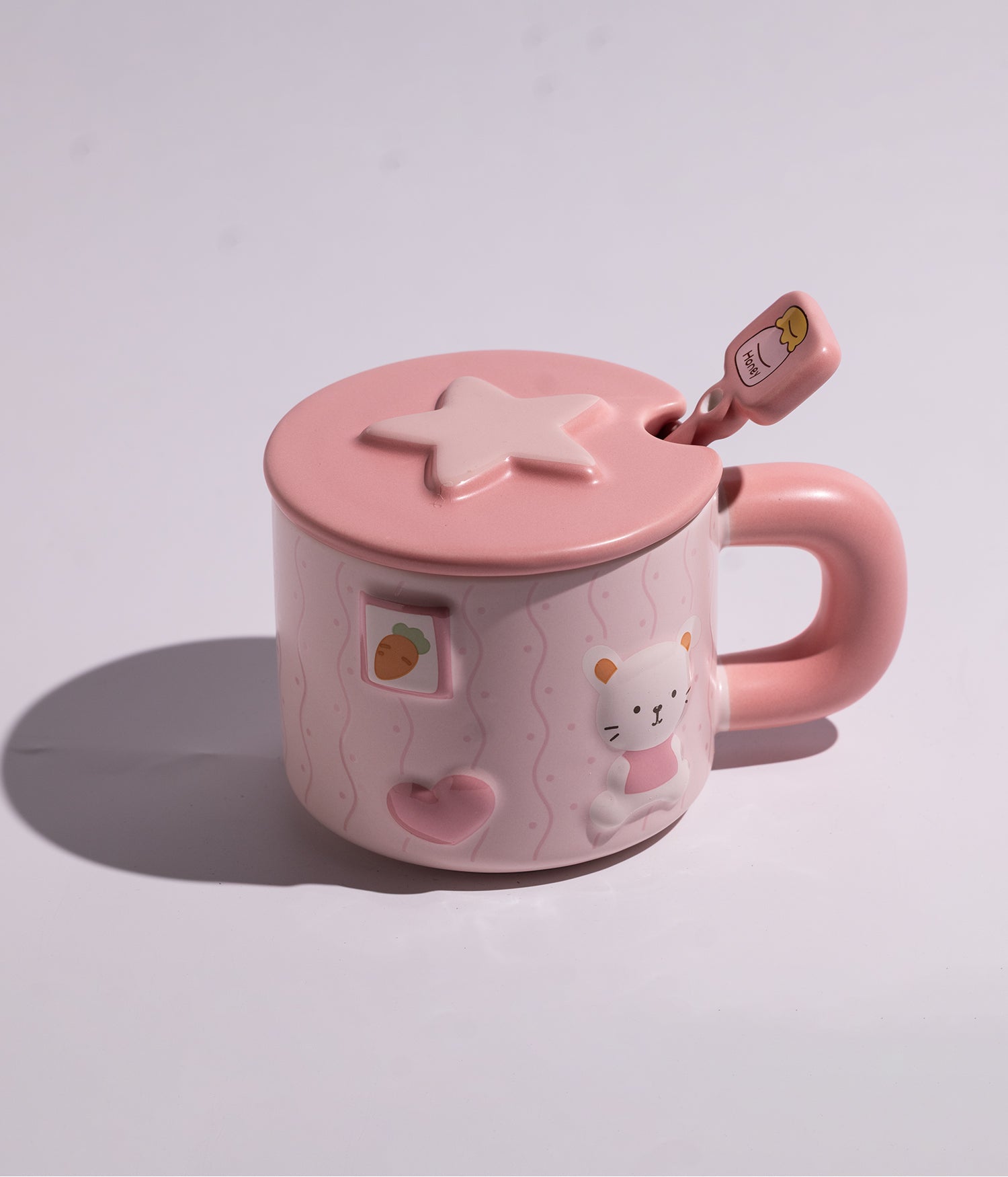 كوب قهوة سيراميك برسومات أرانب ملونة مع غطاء وملعقة