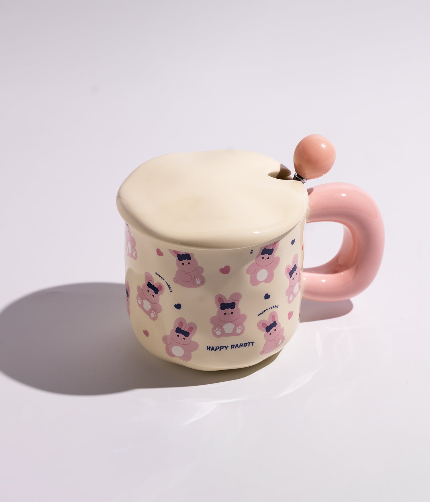 كوب سيراميك برسوم حيوانات لطيفة وغطاء مع ملعقة