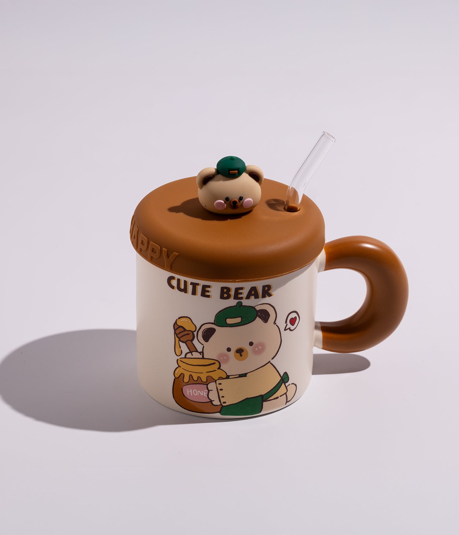 كوب سيراميك برسومات دباديب مرحة مع غطاء على شكل دب كيوت ومزاز لون أبيض بغطاء بني