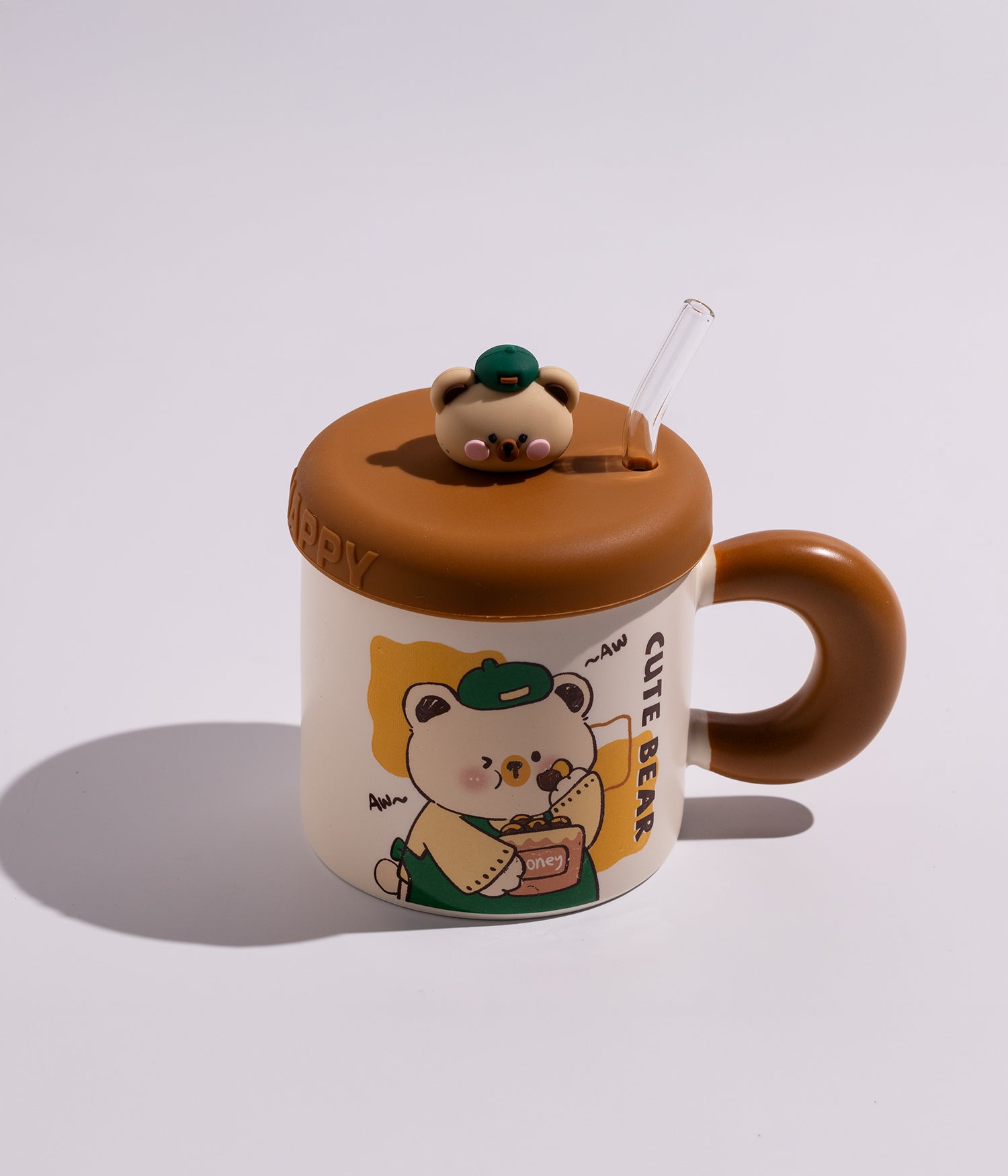كوب سيراميك برسومات دباديب مرحة مع غطاء على شكل دب كيوت ومزاز لون أبيض بغطاء بني
