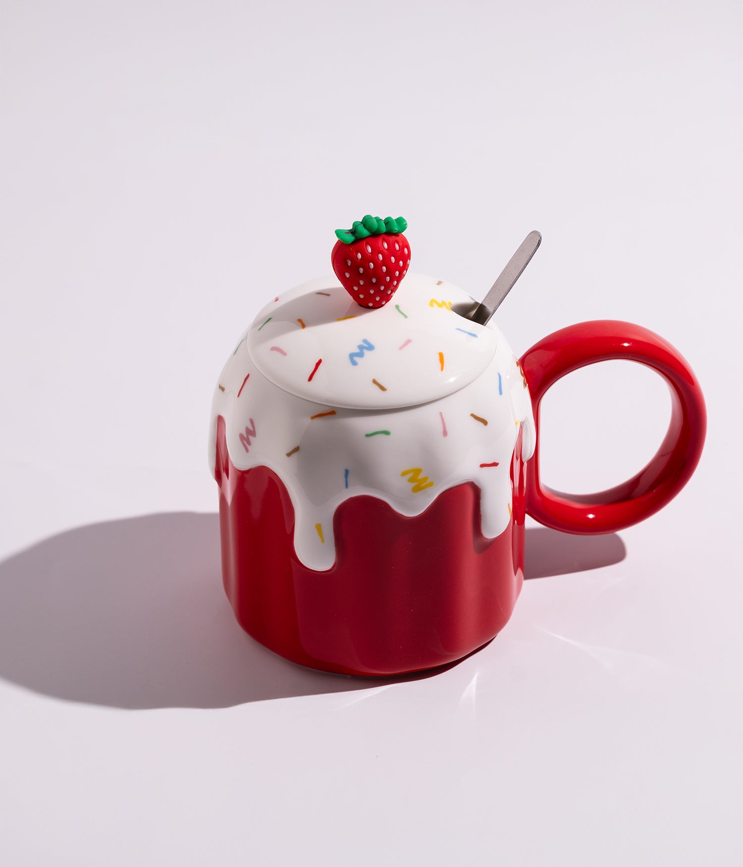 كوب سيراميك بتصميم آيس كريم مع غطاء وملعقة لون أحمر