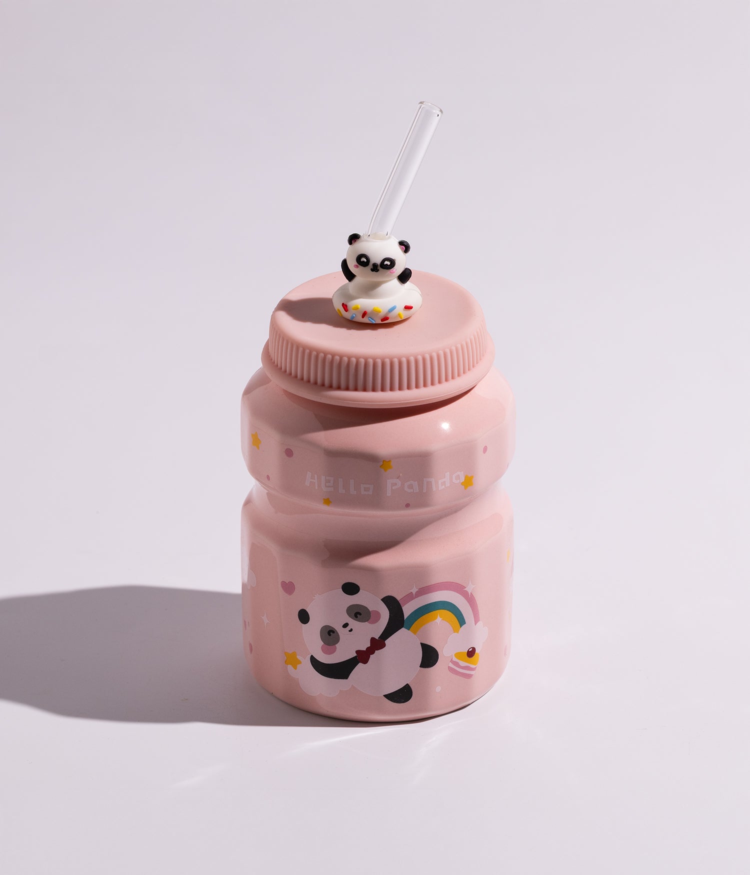 كوب سيراميك بتصميم باندا مع غطاء على شكل باندا ومزاز لون وردي